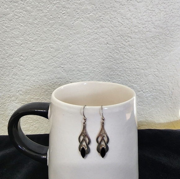 Vintage Black Agate Solid Silver Drop Earrings - Picture 1 of 6